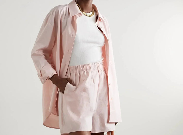 Cotton Poplin Two-Piece Set with Oversized Button-Down Shirt and Matching Shorts in Brown