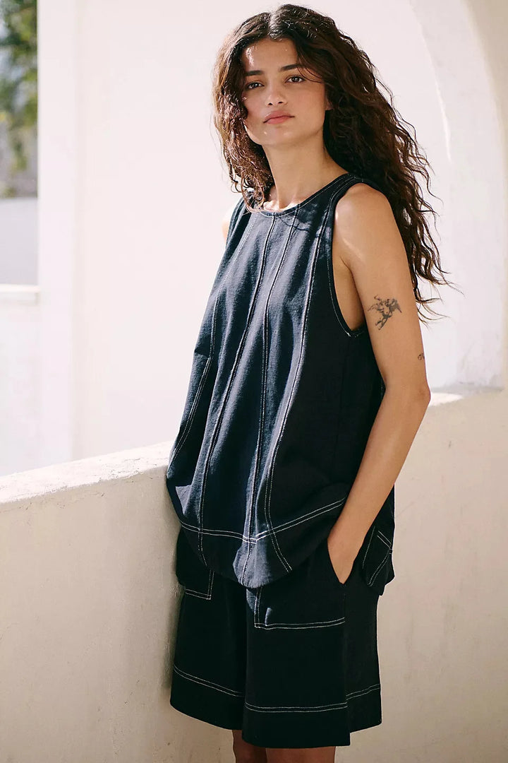 Two-Piece Cotton Set, Cropped Tank Top and Elastic-Waist Shorts with Raw Seam Detailing in Sunwashed Yellow