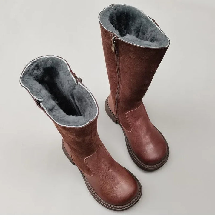 Shearling Riding Boots in Premium Leather-Look with Wool Lining and Side Zipper, Brown
