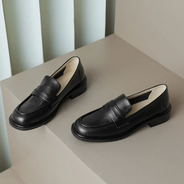 Round Toe Leather Loafers with Cushioned Support and Stacked Heel in Olive