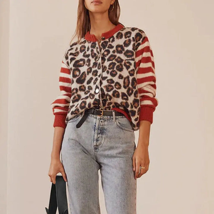 Cardigan in Leopard and Stripe Print with Relaxed Fit and Soft Cotton Blend Knit for Effortless Layering