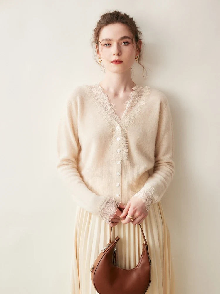 Cashmere Cardigan with Lace-Trim Detail and Relaxed Knit Fit in Khaki