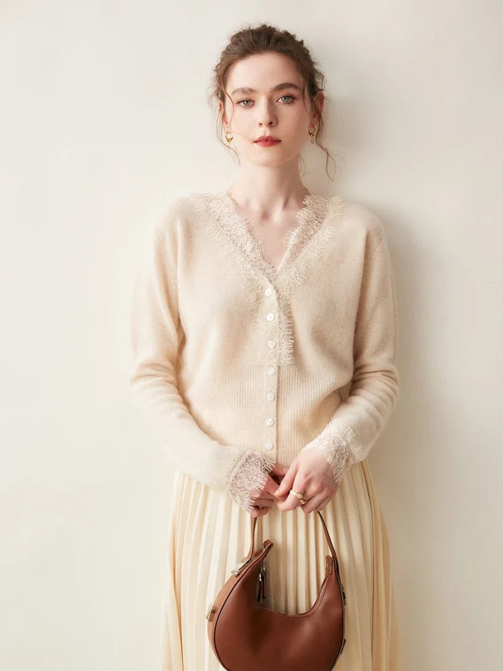 Cashmere Cardigan with Lace-Trim Detail and Relaxed Knit Fit in Khaki