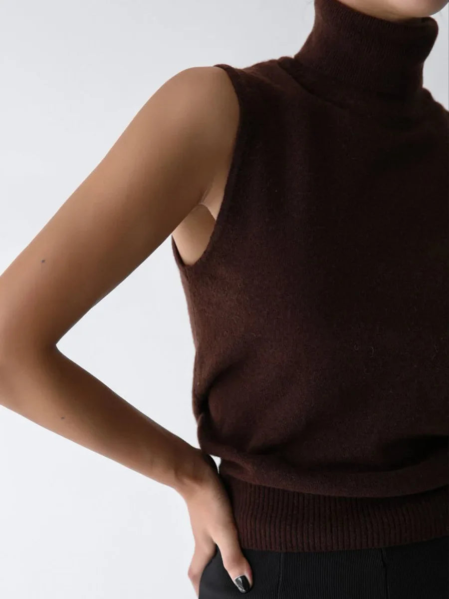 High-Neck Sweater Vest in Soft Wool-Cashmere Blend, Sleeveless Sculpted Fit with Structured Tall Neckline