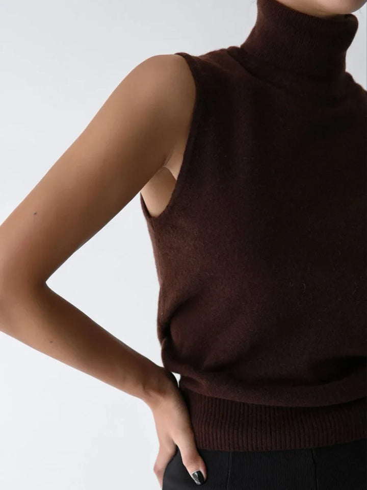 High-Neck Sweater Vest in Soft Wool-Cashmere Blend, Sleeveless Sculpted Fit with Structured Tall Neckline