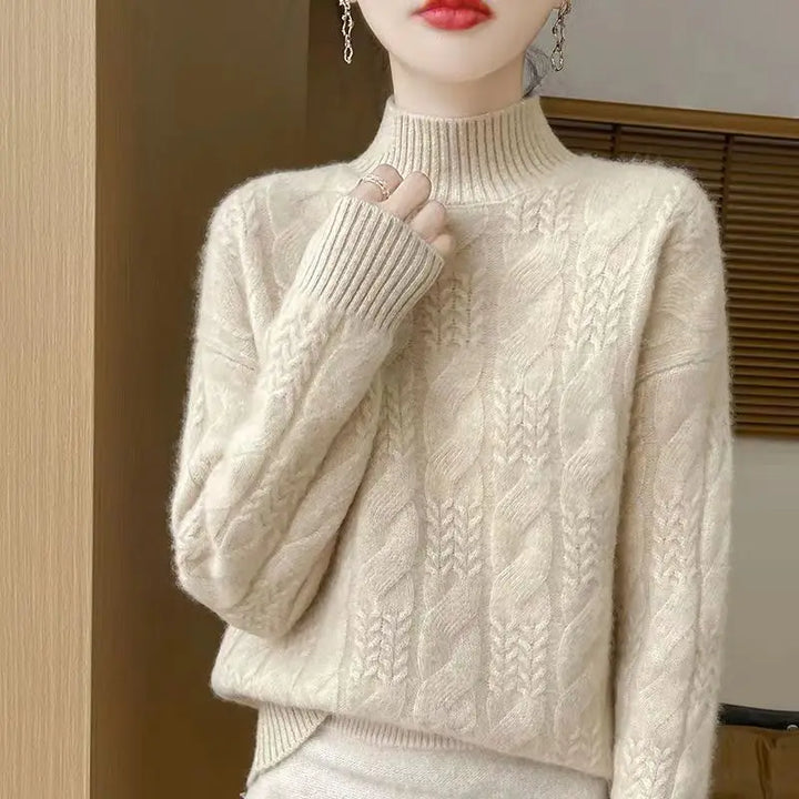 Cable Knit Sweater with Cashmere Blend Yarn and Half-High Collar in Fire Orange