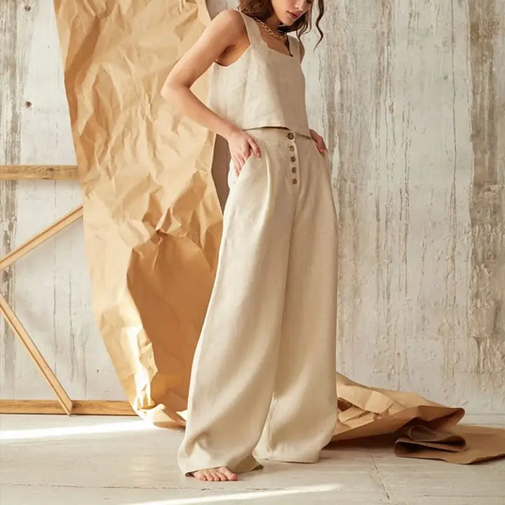 Wide-Leg Pant in 100% Cotton with Hidden Elastic Waistband, Button-Fly Front, and Ankle-Length Cut