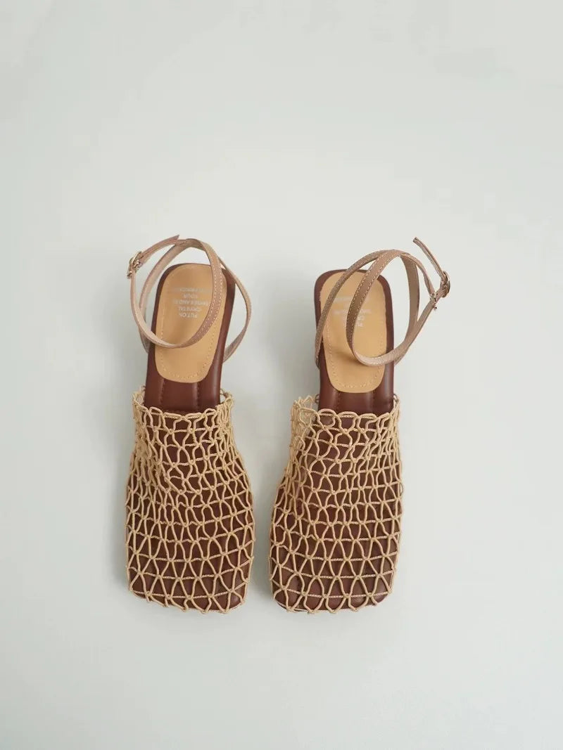 Braided Mesh Heeled Sandals with Square Toe and Ankle Strap, Women's Fallon