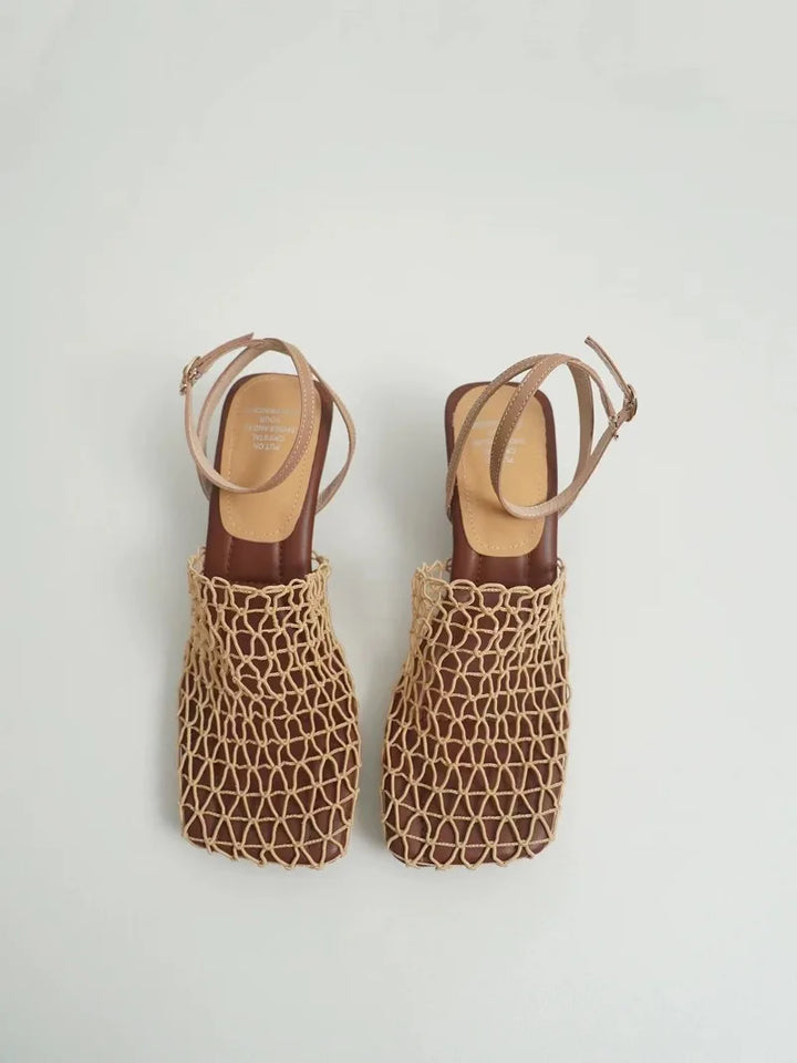 Braided Mesh Heeled Sandals with Square Toe and Ankle Strap, Women's Fallon