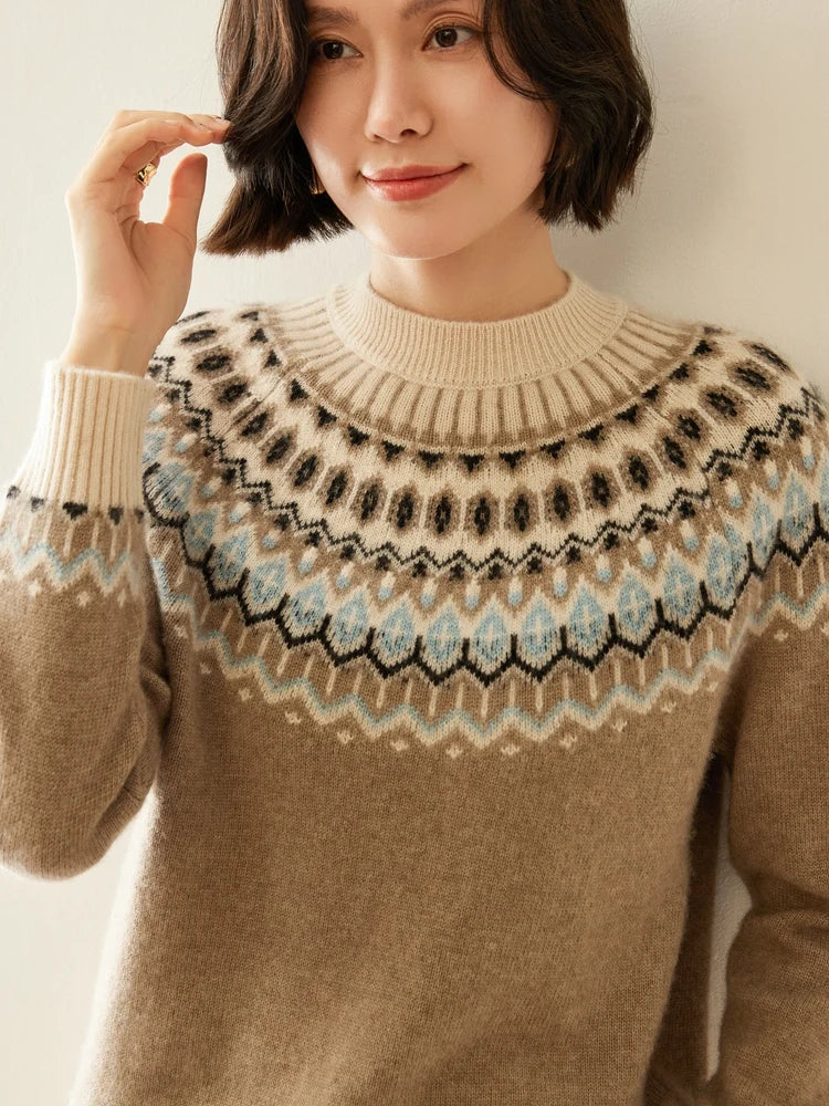 Fair Isle Jacquard Mock Neck Sweater in Cashmere-Soft Knit, Camel Colorway