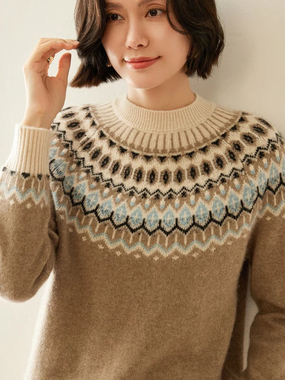 Fair Isle Jacquard Mock Neck Sweater in Soft 100% Cashmere, Camel Colorway