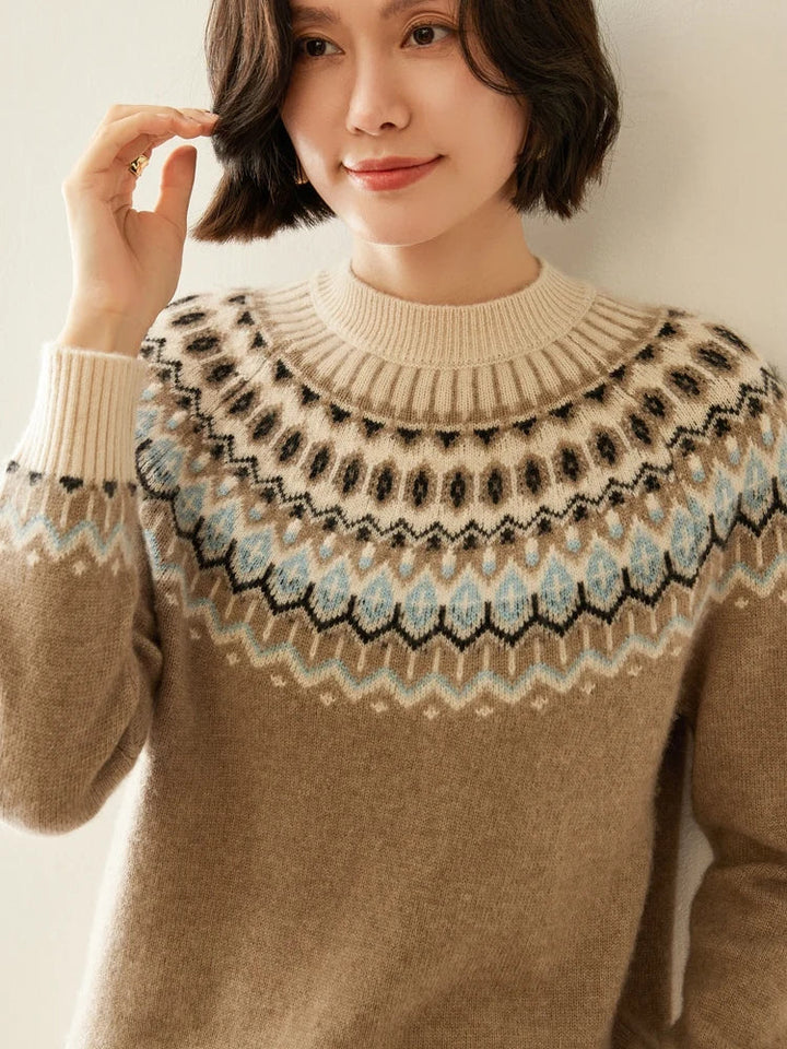 Fair Isle Jacquard Mock Neck Sweater in Cashmere-Soft Knit, Camel Colorway