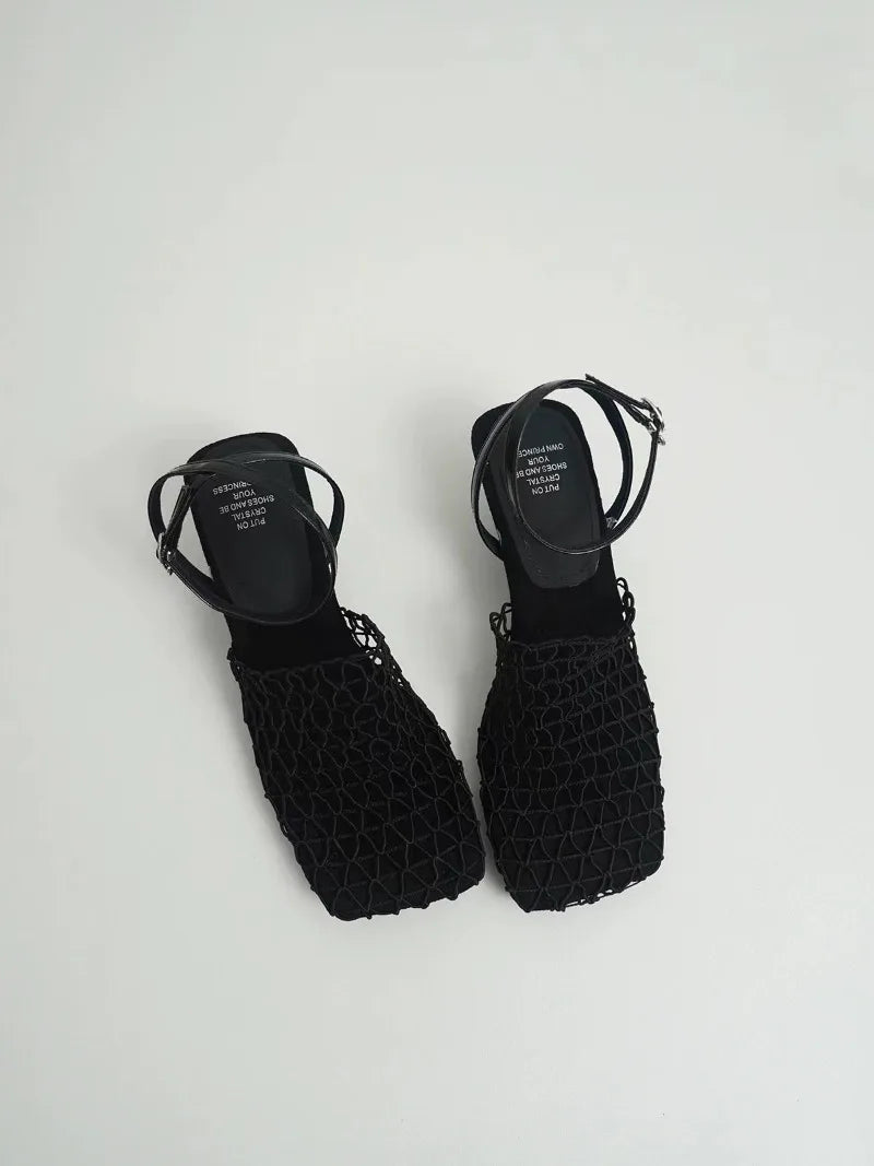 Braided Mesh Heeled Sandals with Square Toe and Ankle Strap, Women's Fallon