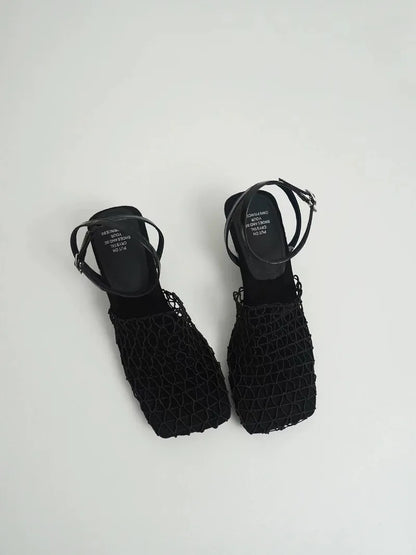Braided Mesh Heeled Sandals with Square Toe and Ankle Strap, Women's Fallon