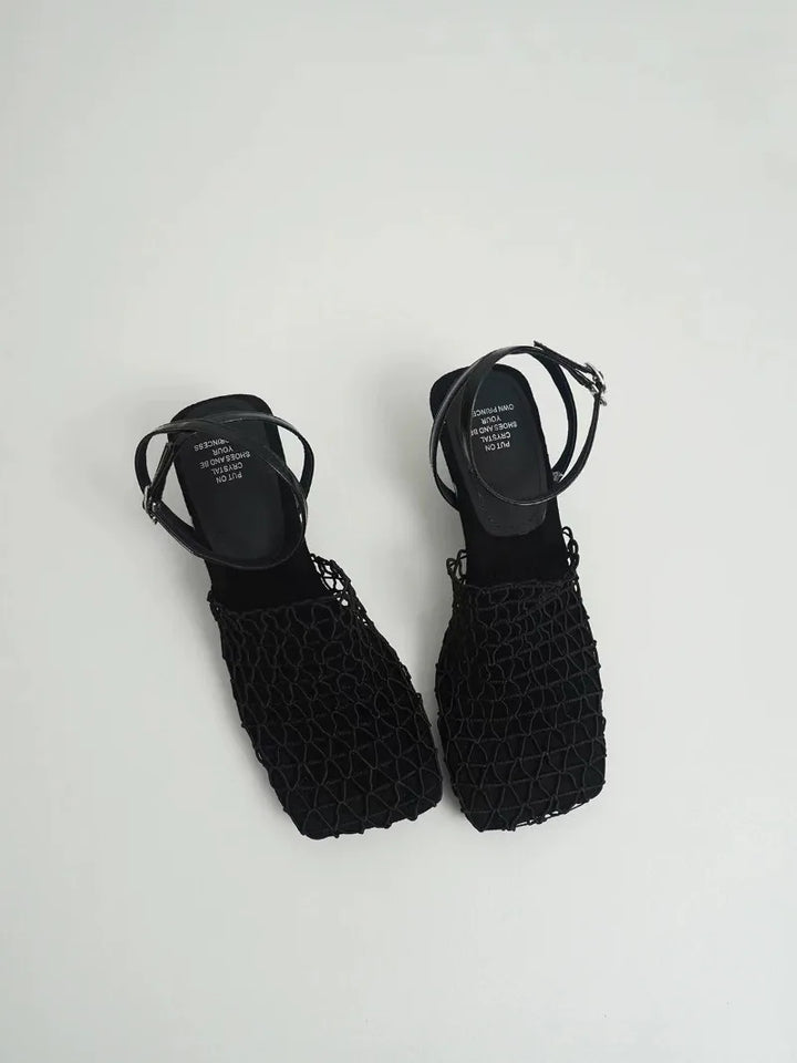 Braided Mesh Heeled Sandals with Square Toe and Ankle Strap, Women's Fallon