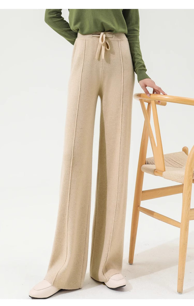 Wide-Leg Merino Wool Trousers with High-Waist Elastic Drawstring Waistband