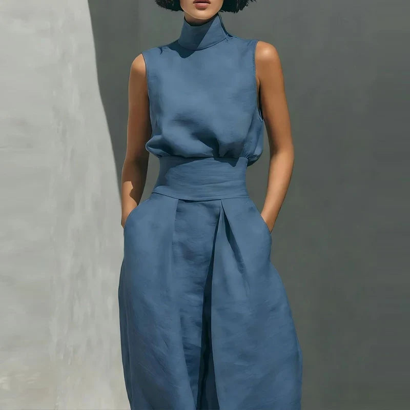 Linen-Cotton Blend Two-Piece Set with Wide-Leg Pants and Mock Turtleneck, High-Rise Relaxed Fit
