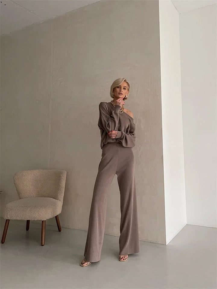 Off-Shoulder Loungewear Knit Set with Soft Flowing Fabric and Relaxed Fit in Camel