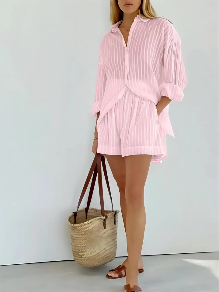 Button-Down Shirt and Shorts Set with Relaxed Oversized Fit in Lightweight Cotton-Blend Fabric