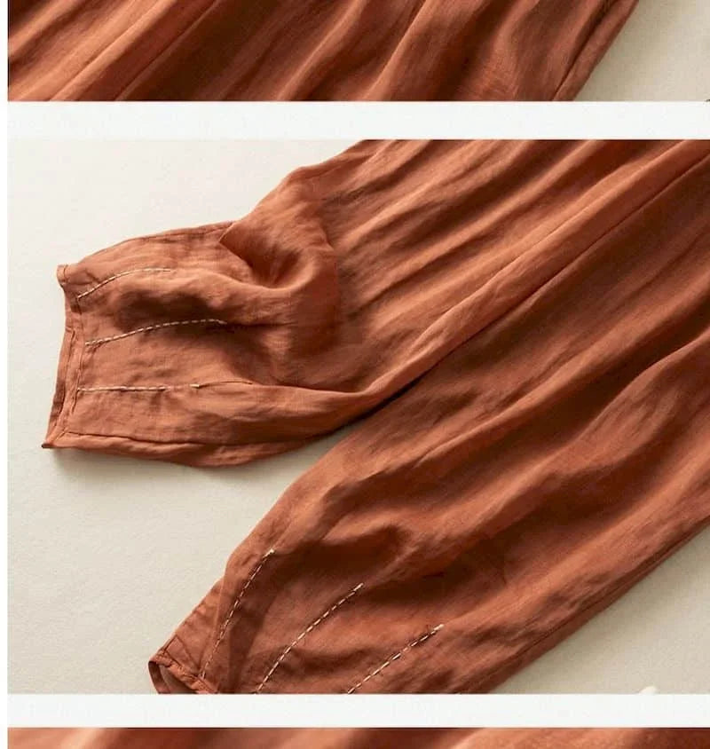 Linen Pants with Elastic Drawstring Waist and Billowed Leg Silhouette in Khaki Cotton-Linen Blend