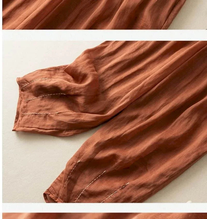Linen Pants with Elastic Drawstring Waist and Billowed Leg Silhouette in Khaki Cotton-Linen Blend