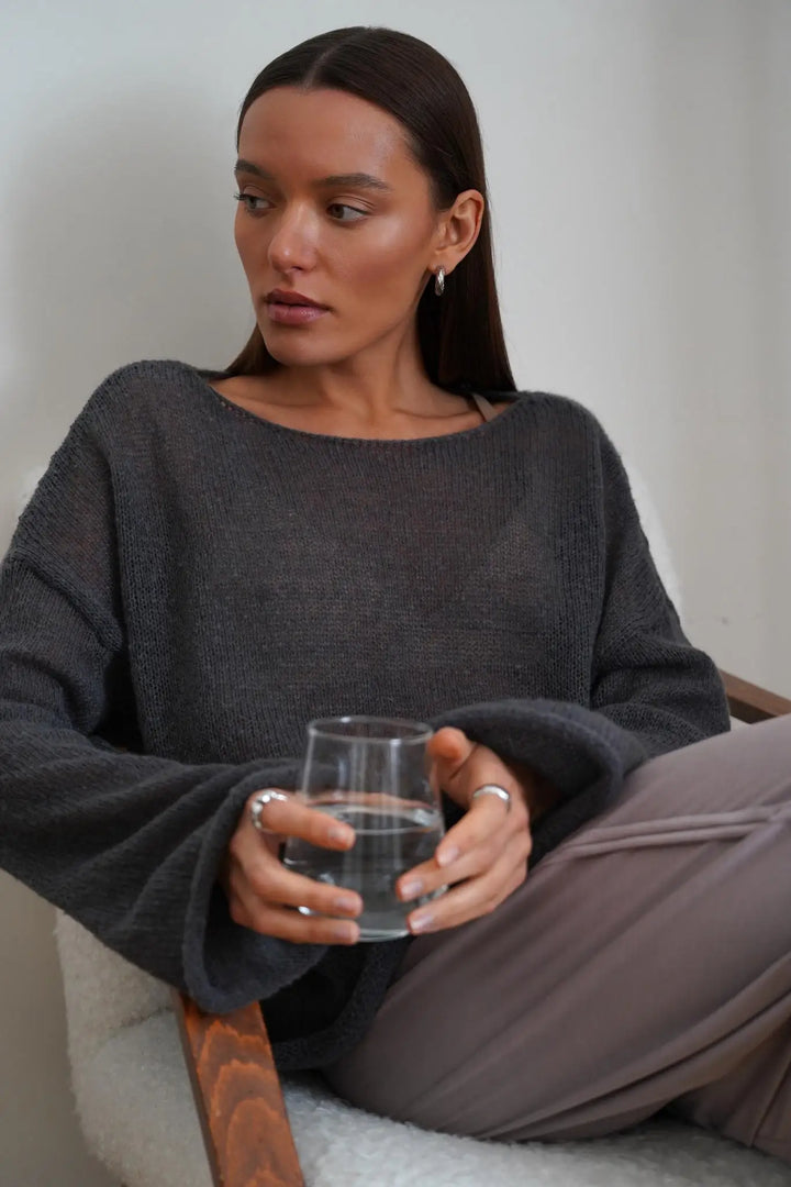 Boatneck Sweater in Merino Wool Blend with Relaxed Fit and Long Sleeves