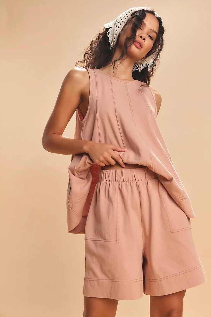 Two-Piece Cotton Set, Cropped Tank Top and Elastic-Waist Shorts with Raw Seam Detailing in Sunwashed Yellow