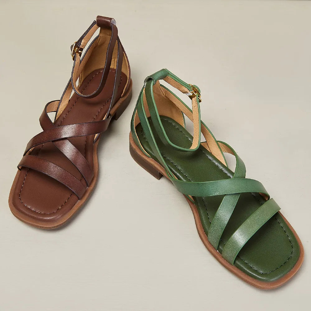 Leather Ankle-Strap Sandals with Cushioned Supportive Insoles and Secure Buckle Closure, Brown