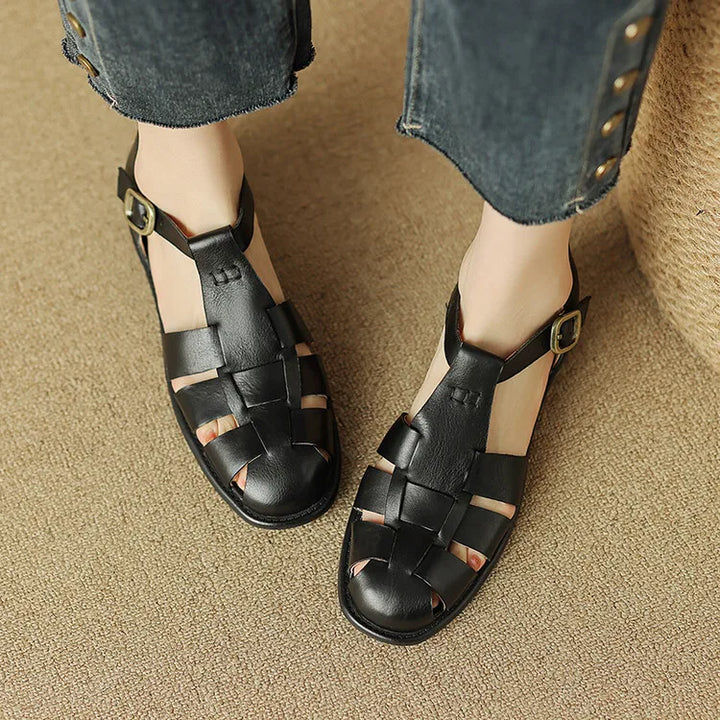 Handwoven Leather Sandals with Adjustable T-Strap Buckle and Low Stacked Heel