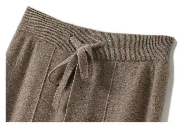 Wide-Leg Merino Wool Trousers with High-Waist Elastic Drawstring Waistband