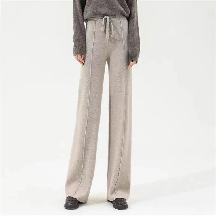 Wide-Leg Merino Wool Trousers with High-Waist Elastic Drawstring Waistband