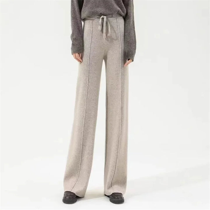 Wide-Leg Merino Wool Trousers with High-Waist Elastic Drawstring Waistband