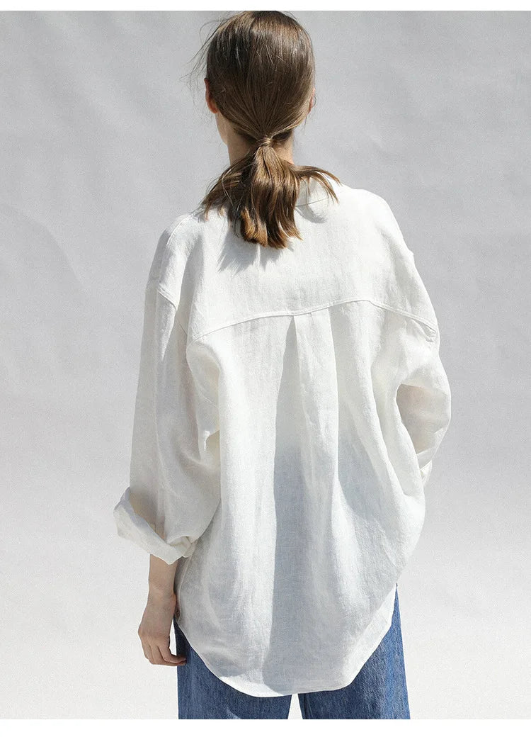 Linen Blouse in Oversized Fit with Turn-Down Collar, 100% Linen Long Sleeve Top for Women