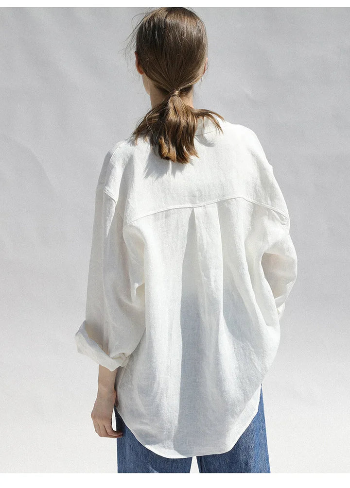 Linen Blouse in Oversized Fit with Turn-Down Collar, 100% Linen Long Sleeve Top for Women