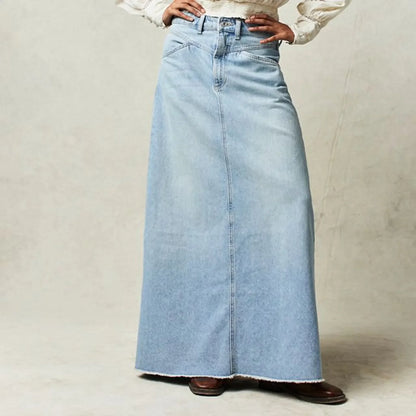 Vintage A-Line Denim Skirt with Stretch Cotton Blend and Dropped Waist