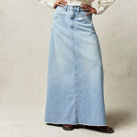 Vintage A-Line Denim Skirt with Stretch Cotton Blend and Dropped Waist