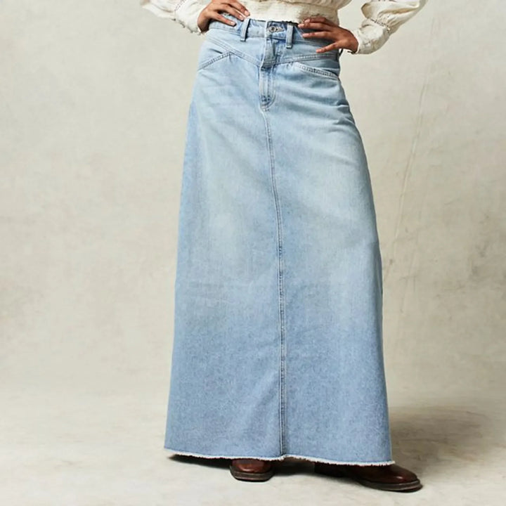 Vintage A-Line Denim Skirt with Stretch Cotton Blend and Dropped Waist