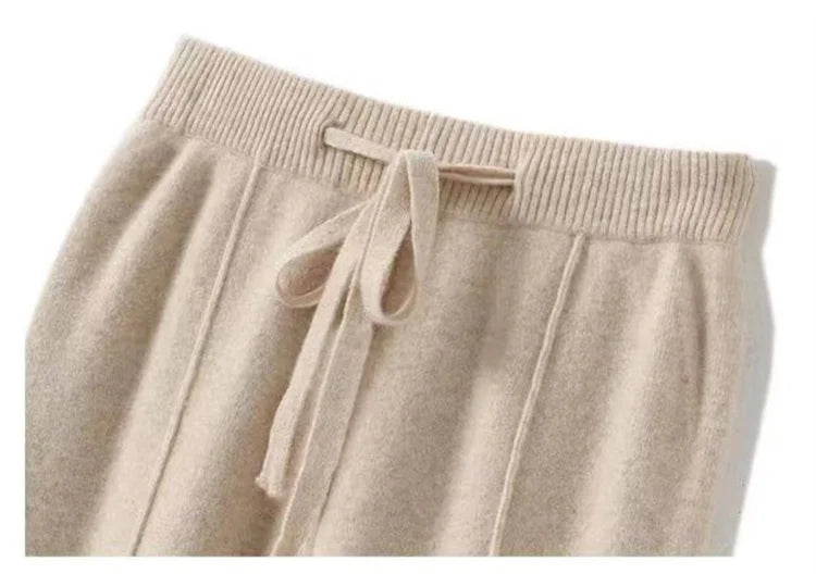 Wide-Leg Merino Wool Trousers with High-Waist Elastic Drawstring Waistband