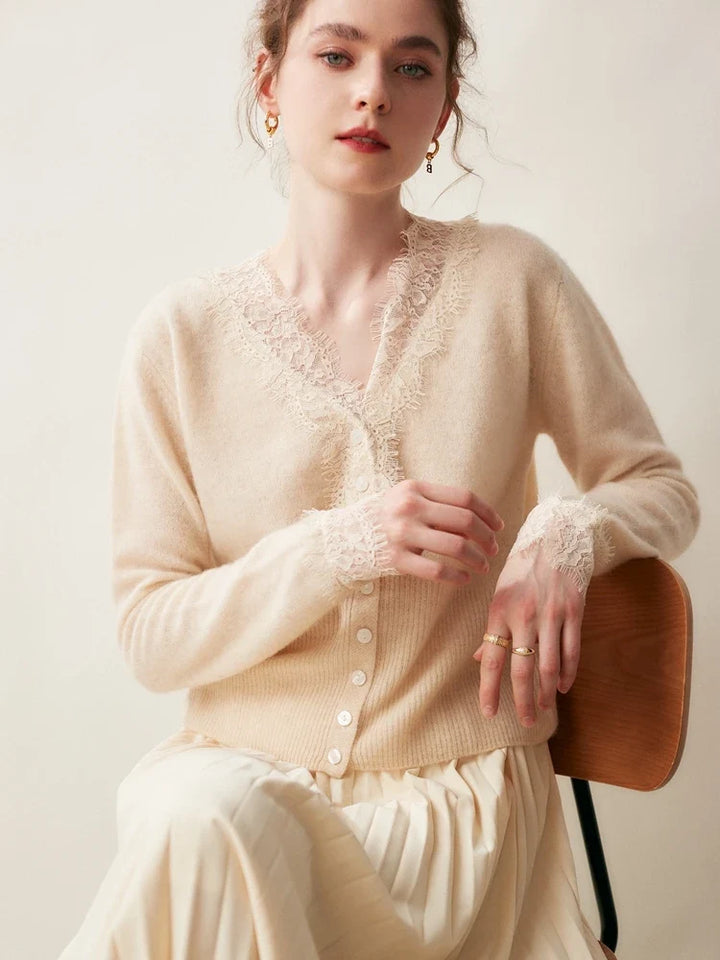Cashmere Cardigan with Lace-Trim Detail and Relaxed Knit Fit in Khaki