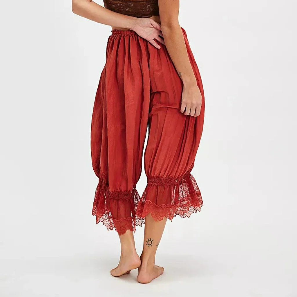 Lantern Pants with Ruffled Lace Cuffs and High-Rise Stretch Waistband in Cotton Blend