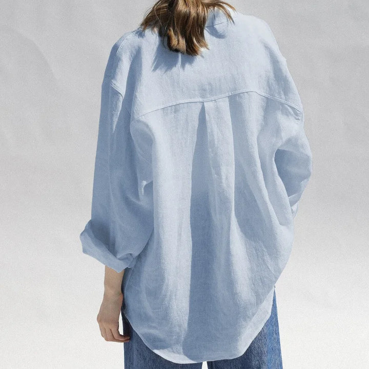 Linen Blouse in Oversized Fit with Turn-Down Collar, 100% Linen Long Sleeve Top for Women