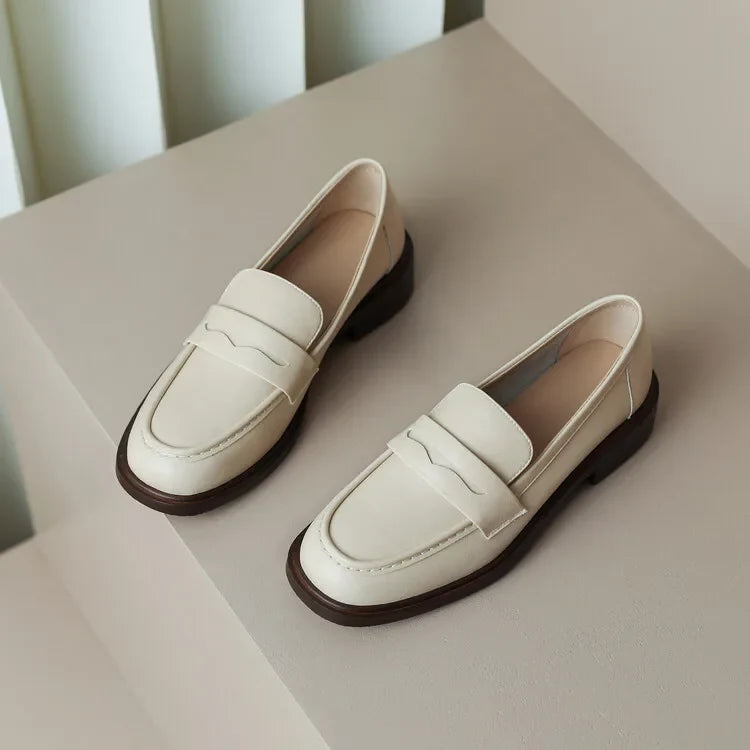 Round Toe Leather Loafers with Cushioned Support and Stacked Heel in Olive