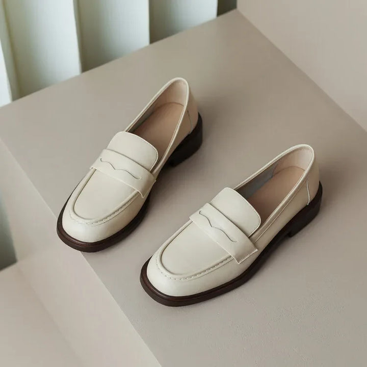 Round Toe Leather Loafers with Cushioned Support and Stacked Heel in Olive