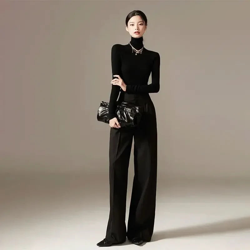 Wide Leg Draped Pants in Soft 100% Cotton with High-Waisted Elastic Fit and Tailored Silhouette