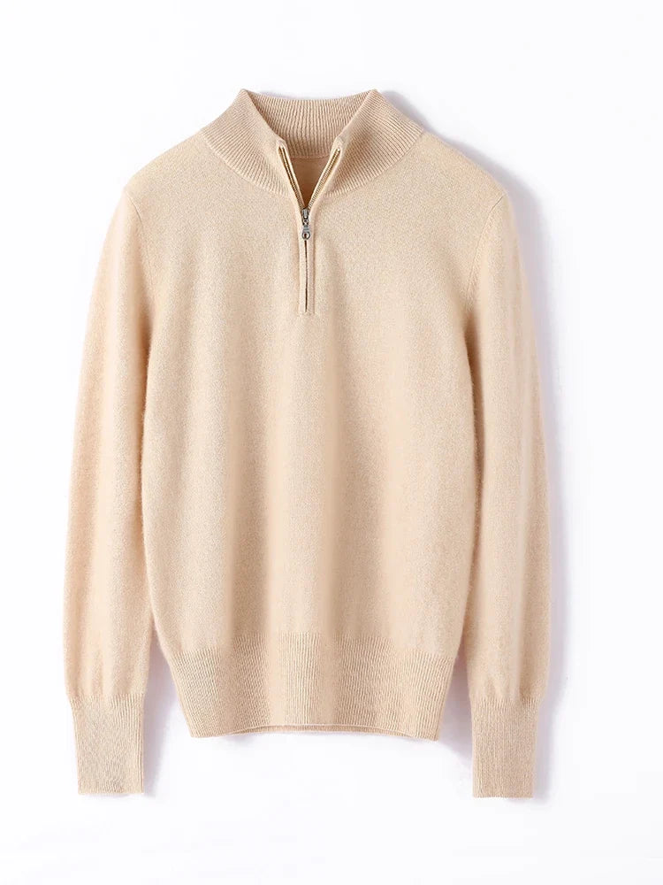 Cashmere Half-Zip Pullover Sweater with Stand-Up Collar, Standard Fit, Beige