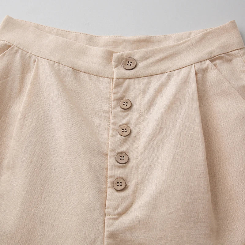 Wide-Leg Pant in 100% Cotton with Hidden Elastic Waistband, Button-Fly Front, and Ankle-Length Cut