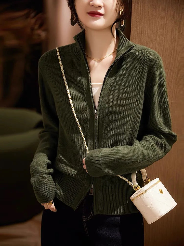 Merino Wool Zip Cardigan with Standing Collar, Double-Zip Closure and Ribbed Knit Texture