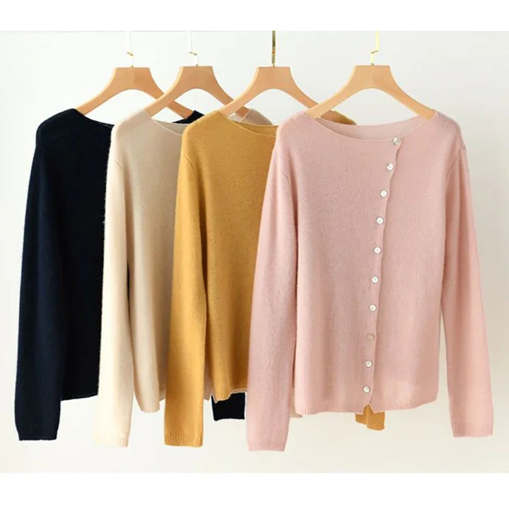 Asymmetric Button Sweater in Khaki Soft Knit with Off-Center Placket Detail and Long Sleeves