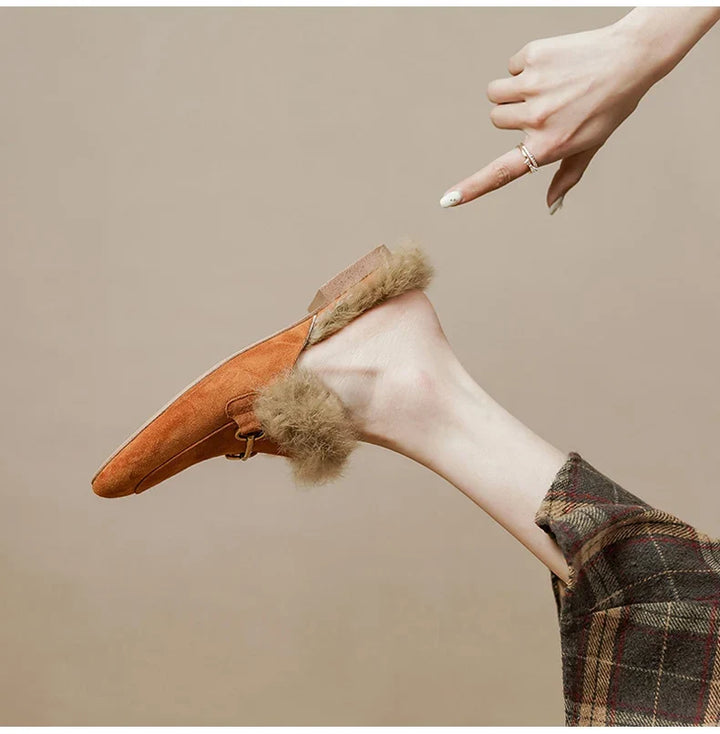 Fur-Lined Suede Mule Slippers with Premium Lamb and Rabbit Fur Lining and Gold-Tone Hardware