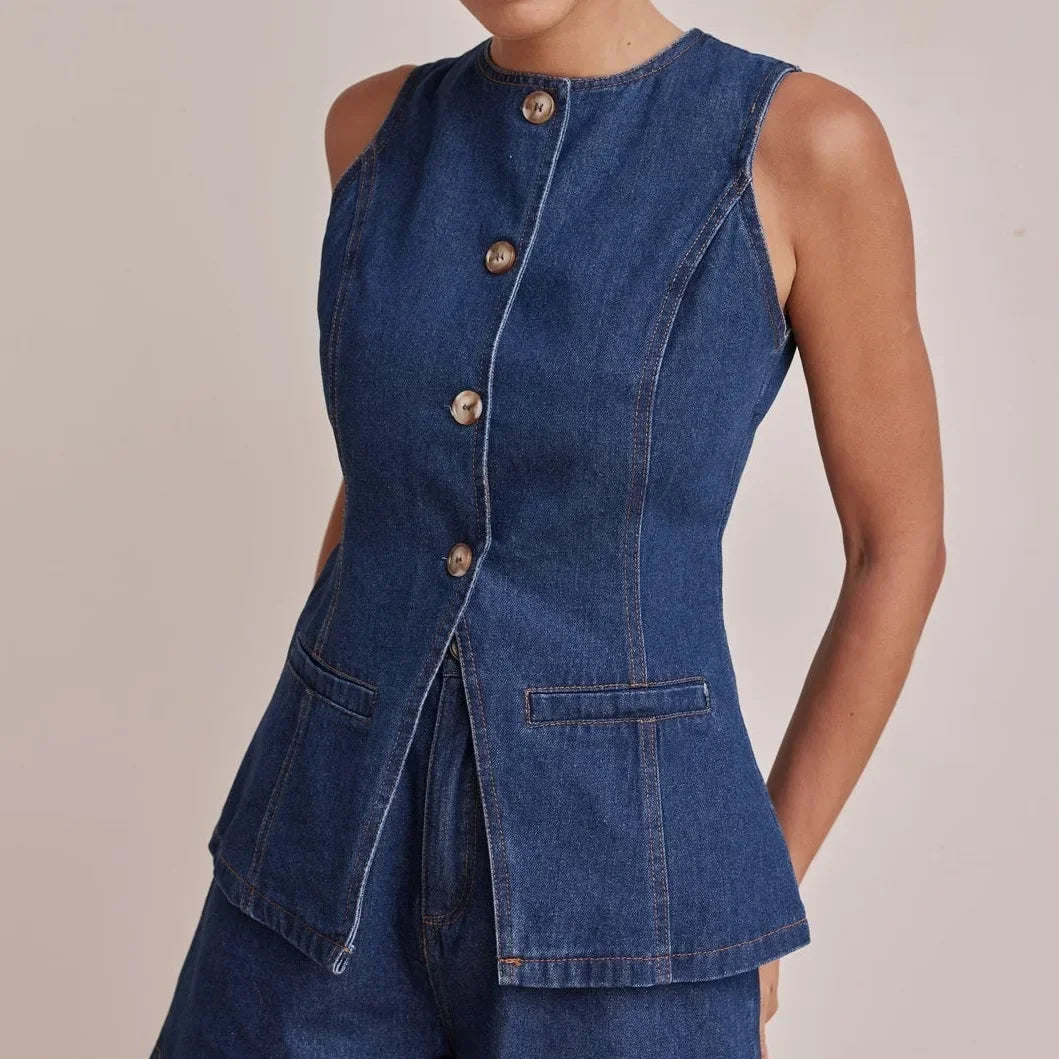 Denim Vest and Wide-Leg Shorts Set with Tortoise Buttons and High-Rise Cinched Waist